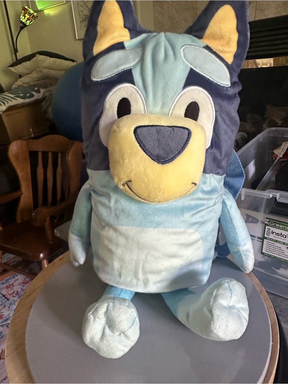 Large Blue Plush Dog Backpack - Light and Navy Blue with Yellow Snout